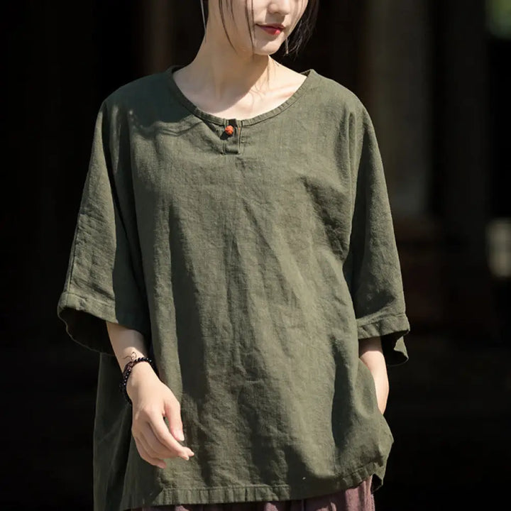 Buddha Stones Causal Half Sleeve Ramie Linen Cotton T-shirt Tee - DarkSeaGreen / US4-8/10，UK/AU8-12/14，EU36-40/42 (F)