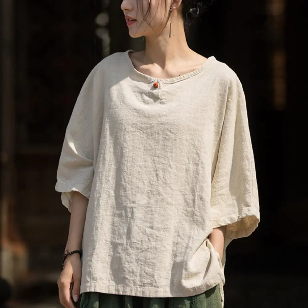 Buddha Stones Causal Half Sleeve Ramie Linen Cotton T-shirt Tee - Linen / US4-8/10，UK/AU8-12/14，EU36-40/42 (F)