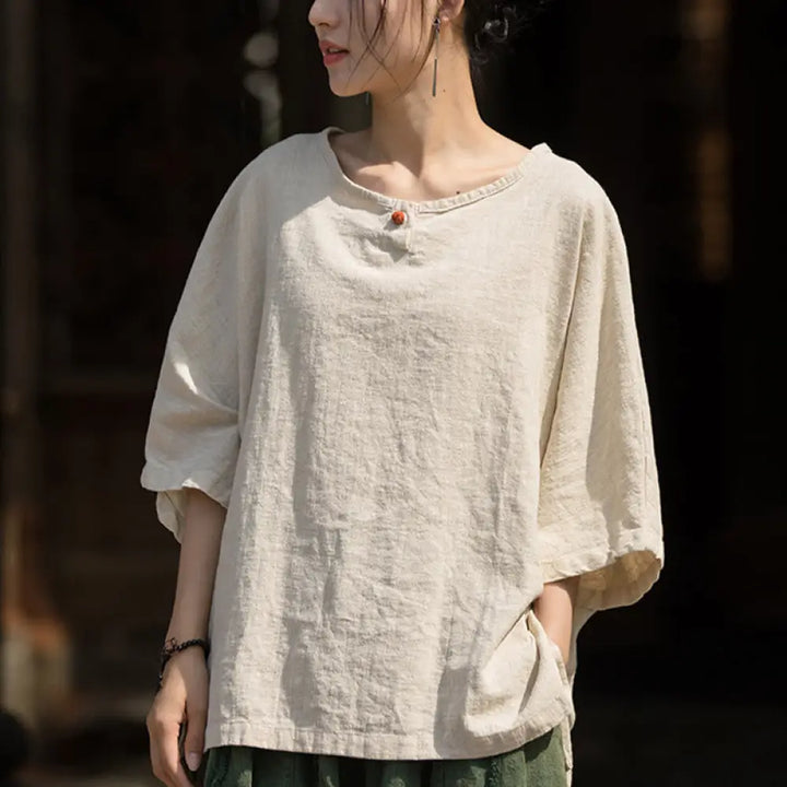 Buddha Stones Causal Half Sleeve Ramie Linen Cotton T-shirt Tee - Linen / US4-8/10，UK/AU8-12/14，EU36-40/42 (F)