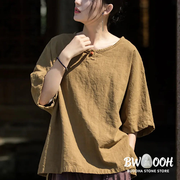 Buddha Stones Causal Half Sleeve Ramie Linen Cotton T-shirt Tee - Women’s T-Shirts