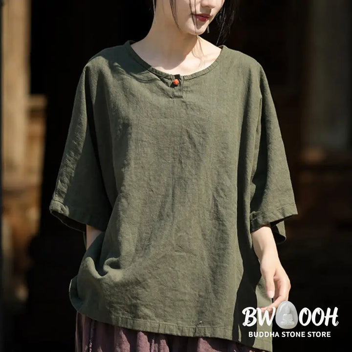 Buddha Stones Causal Half Sleeve Ramie Linen Cotton T-shirt Tee - Women’s T-Shirts