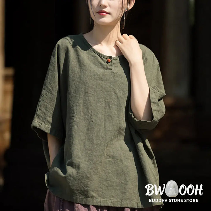 Buddha Stones Causal Half Sleeve Ramie Linen Cotton T-shirt Tee - Women’s T-Shirts