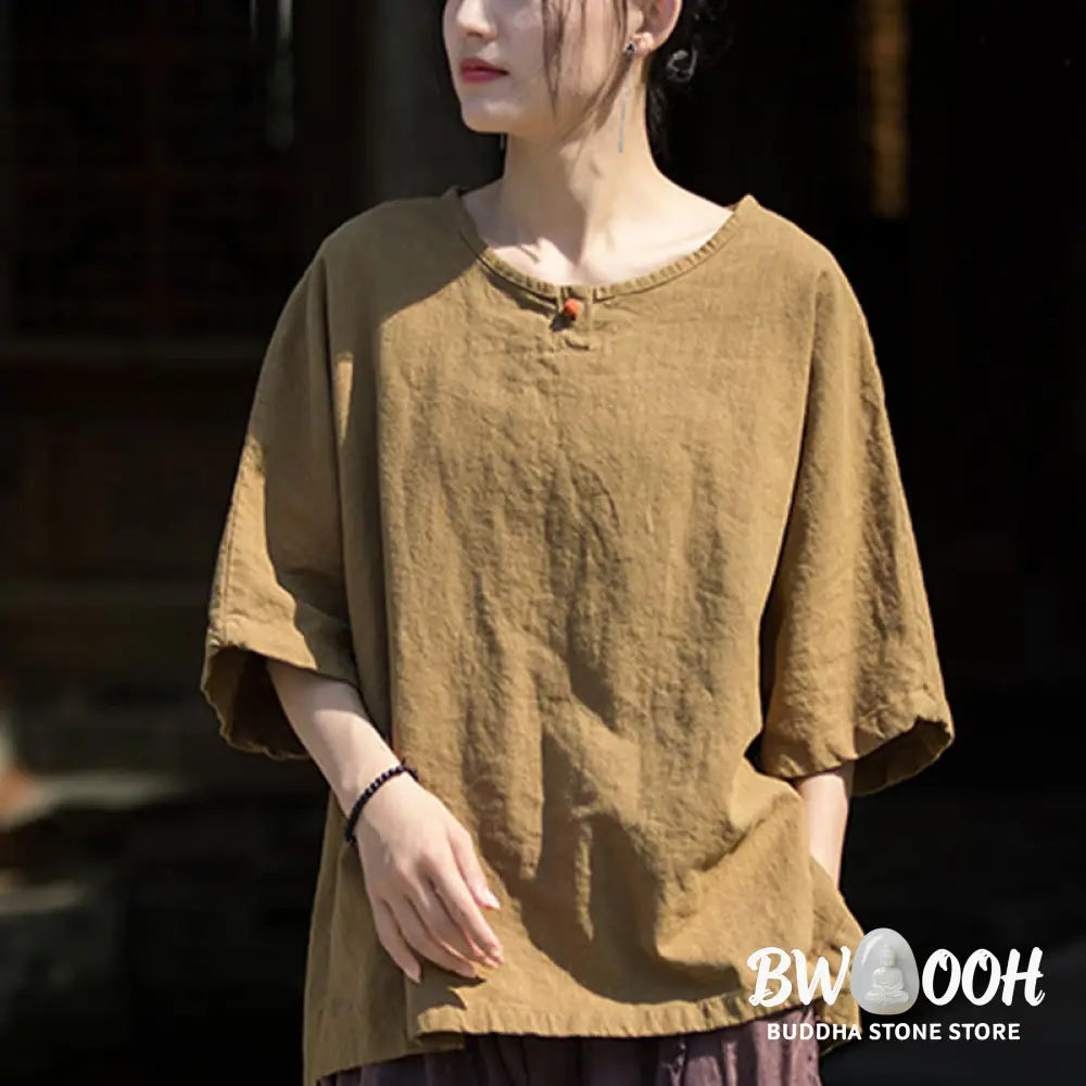 Buddha Stones Causal Half Sleeve Ramie Linen Cotton T-shirt Tee - Women’s T-Shirts
