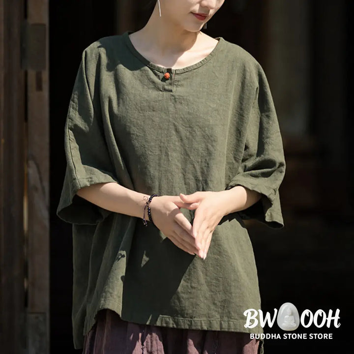 Buddha Stones Causal Half Sleeve Ramie Linen Cotton T-shirt Tee - Women’s T-Shirts