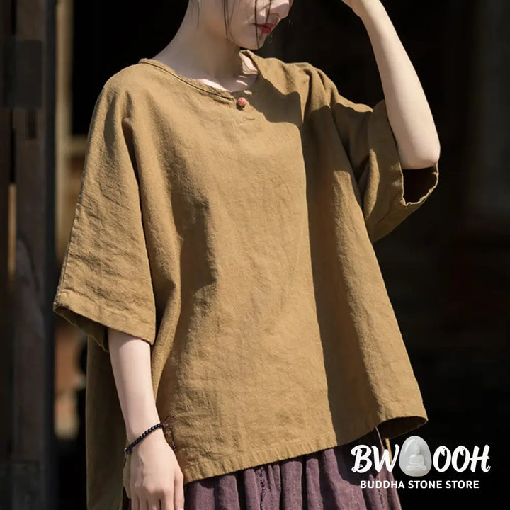 Buddha Stones Causal Half Sleeve Ramie Linen Cotton T-shirt Tee - Women’s T-Shirts
