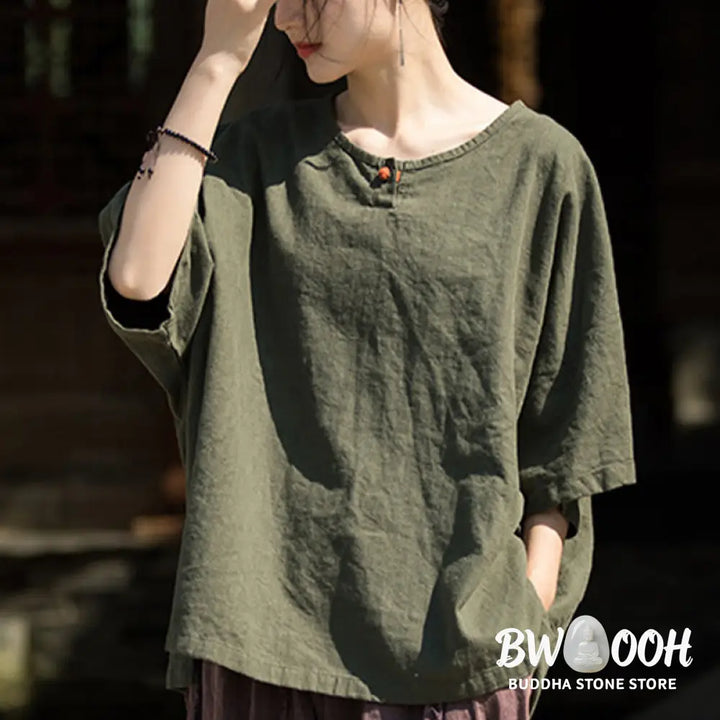 Buddha Stones Causal Half Sleeve Ramie Linen Cotton T-shirt Tee - Women’s T-Shirts
