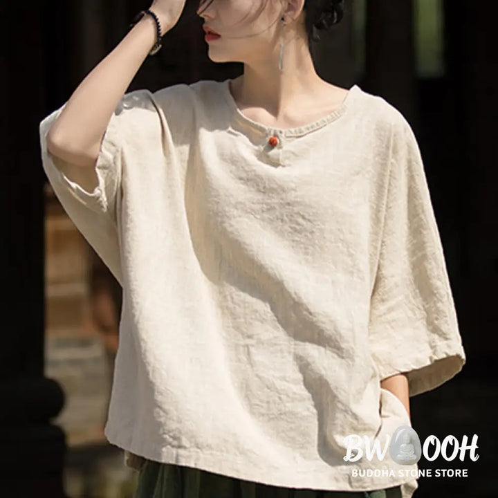 Buddha Stones Causal Half Sleeve Ramie Linen Cotton T-shirt Tee - Women’s T-Shirts