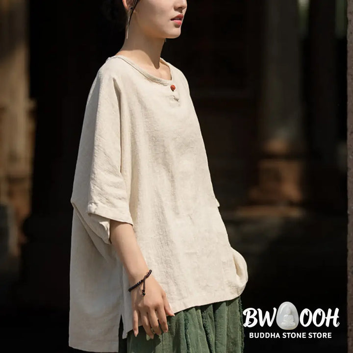Buddha Stones Causal Half Sleeve Ramie Linen Cotton T-shirt Tee - Women’s T-Shirts