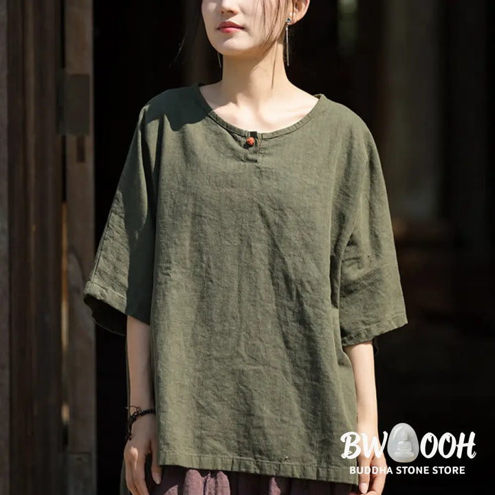 Buddha Stones Causal Half Sleeve Ramie Linen Cotton T-shirt Tee - Women’s T-Shirts