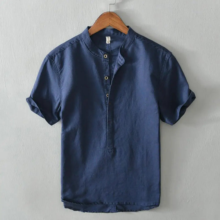 Buddha Stones Causal Simple Design Short Sleeve Cotton Linen Half Button Men’s Shirt - DarkBlue / US/UK/AU34，EU44 (L)