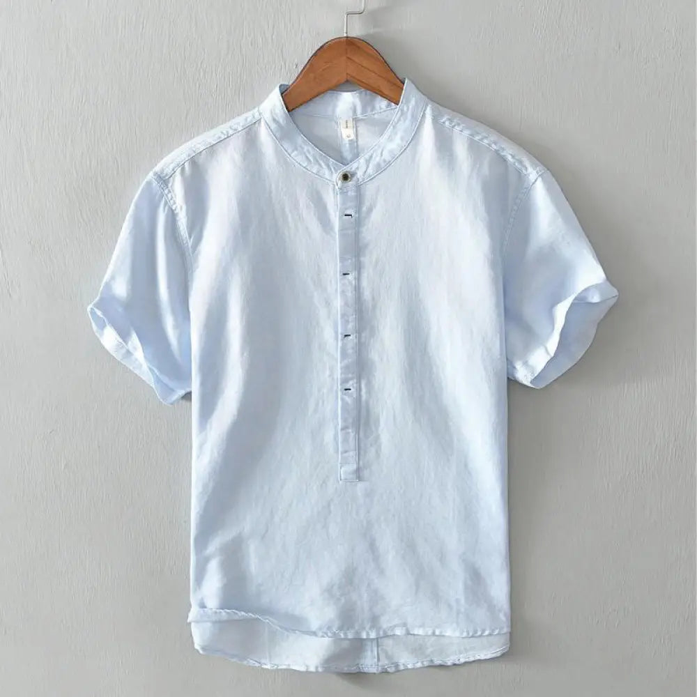 Buddha Stones Causal Simple Design Short Sleeve Cotton Linen Half Button Men’s Shirt - LightSkyBlue / US/UK/AU34，EU44