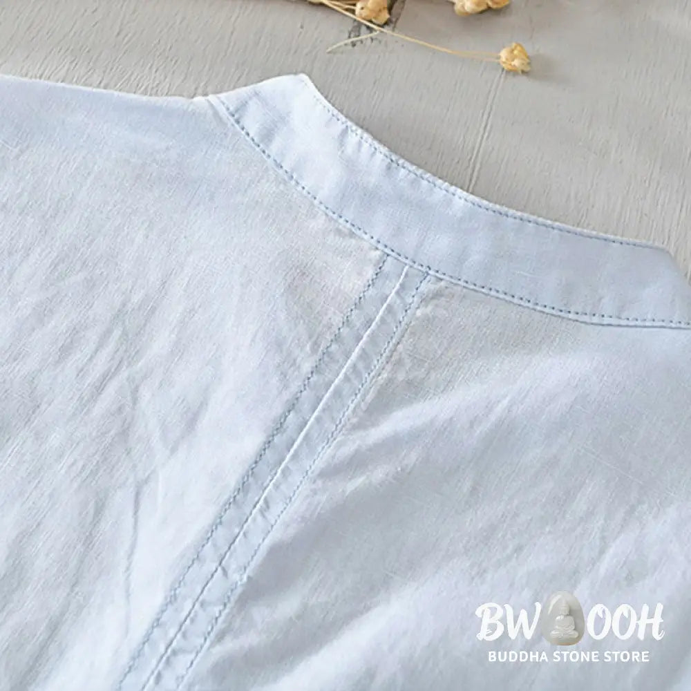 Buddha Stones Causal Simple Design Short Sleeve Cotton Linen Half Button Men’s Shirt - Men’s Shirts