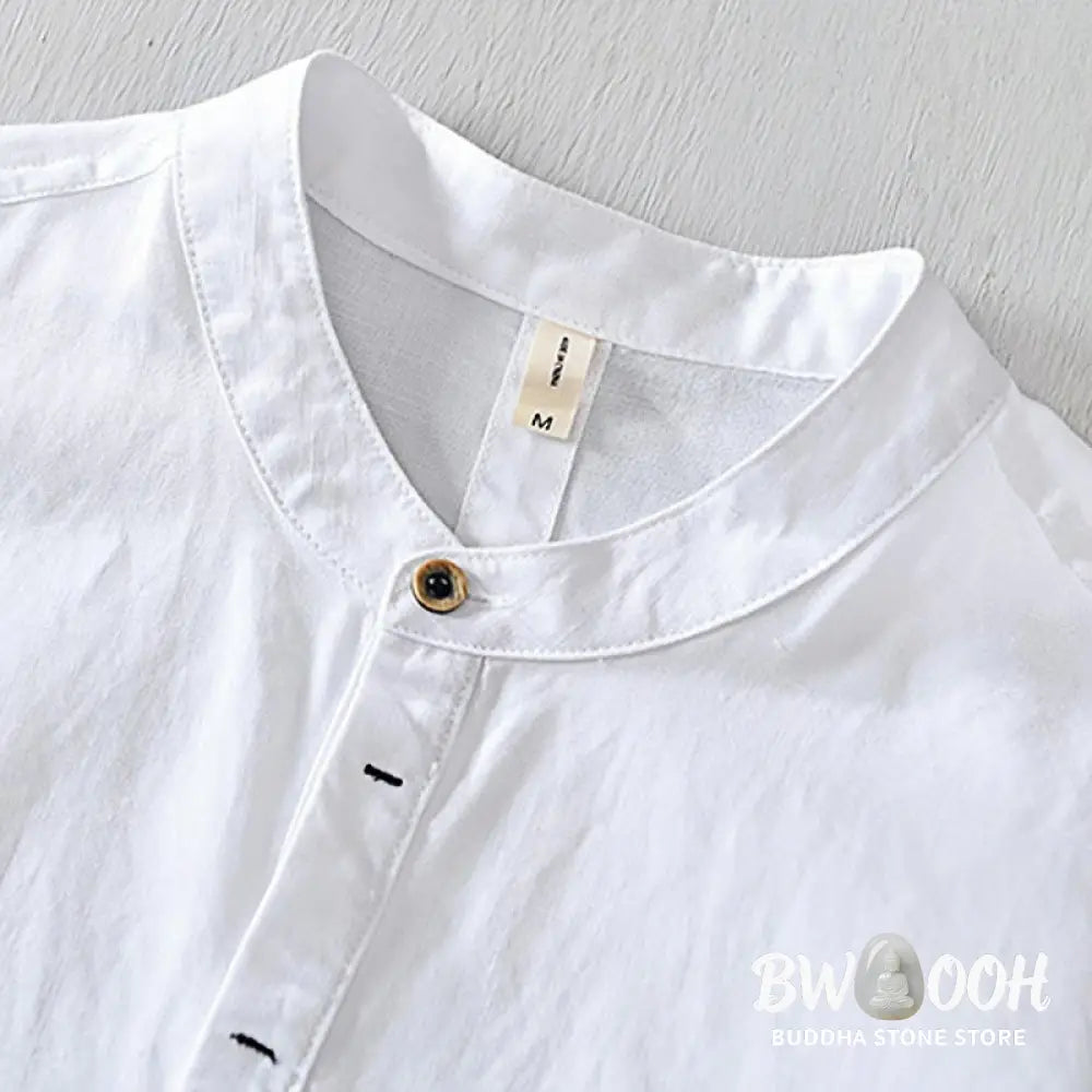 Buddha Stones Causal Simple Design Short Sleeve Cotton Linen Half Button Men’s Shirt - Men’s Shirts
