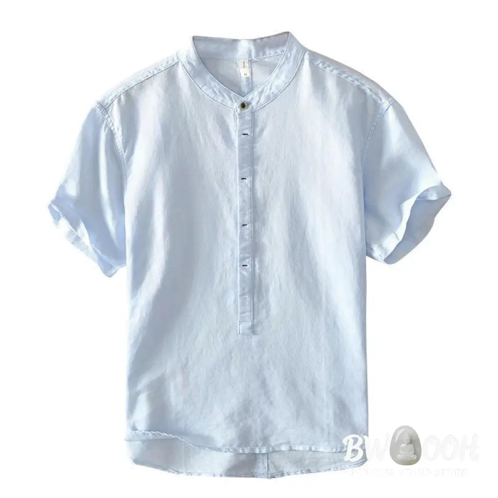 Buddha Stones Causal Simple Design Short Sleeve Cotton Linen Half Button Men’s Shirt - Men’s Shirts