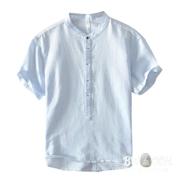 Buddha Stones Causal Simple Design Short Sleeve Cotton Linen Half Button Men’s Shirt - Men’s Shirts