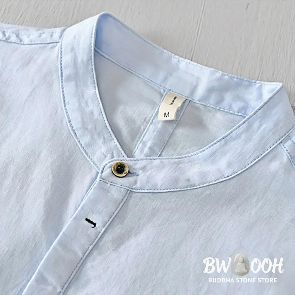 Buddha Stones Causal Simple Design Short Sleeve Cotton Linen Half Button Men’s Shirt - Men’s Shirts
