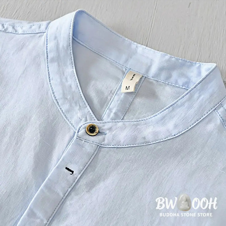 Buddha Stones Causal Simple Design Short Sleeve Cotton Linen Half Button Men’s Shirt - Men’s Shirts