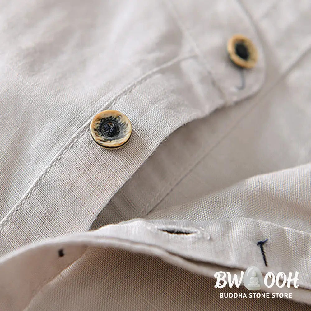 Buddha Stones Causal Simple Design Short Sleeve Cotton Linen Half Button Men’s Shirt - Men’s Shirts