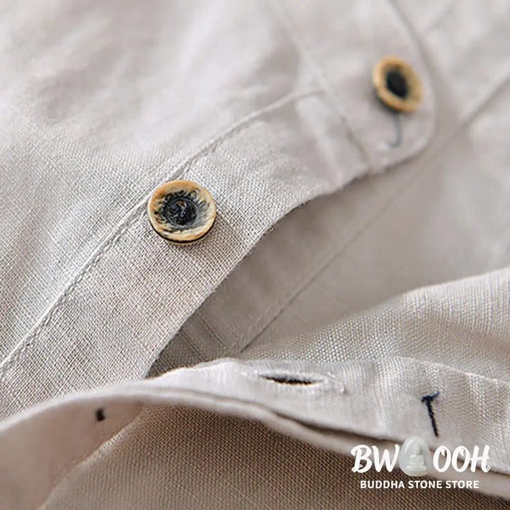 Buddha Stones Causal Simple Design Short Sleeve Cotton Linen Half Button Men’s Shirt - Men’s Shirts