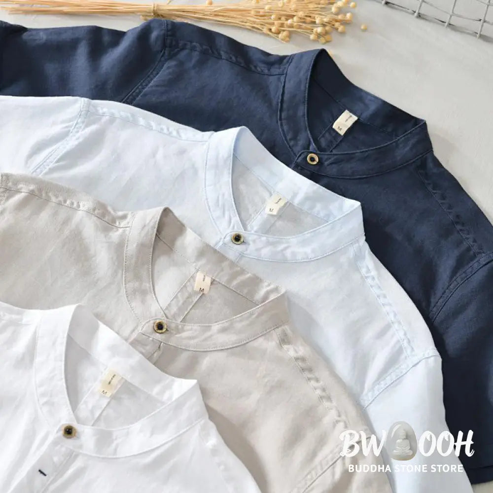 Buddha Stones Causal Simple Design Short Sleeve Cotton Linen Half Button Men’s Shirt - Men’s Shirts