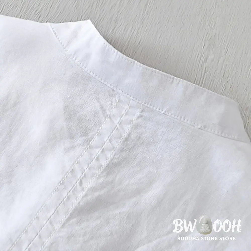 Buddha Stones Causal Simple Design Short Sleeve Cotton Linen Half Button Men’s Shirt - Men’s Shirts