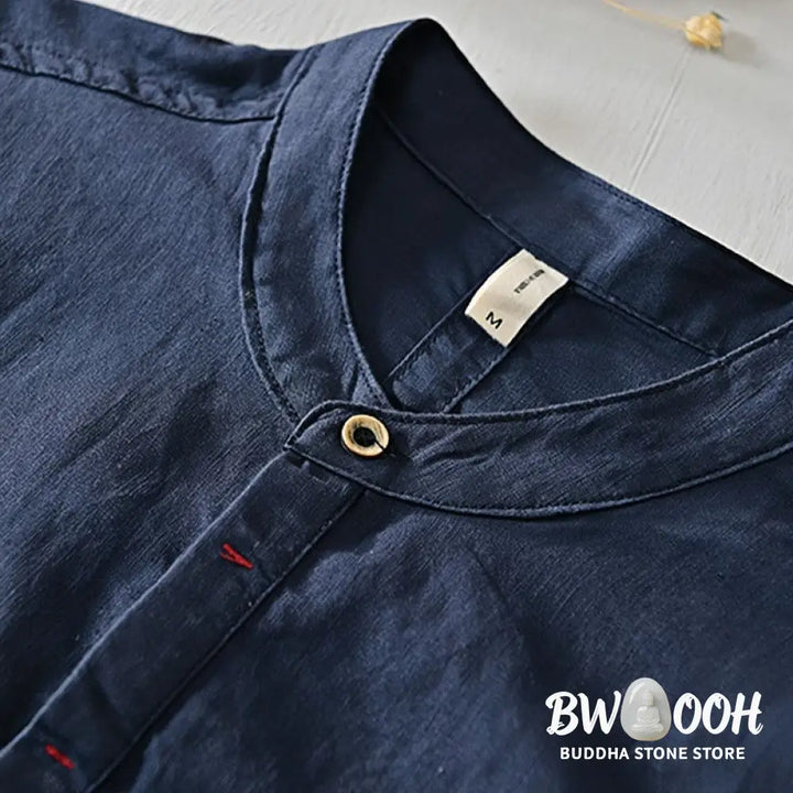 Buddha Stones Causal Simple Design Short Sleeve Cotton Linen Half Button Men’s Shirt - Men’s Shirts