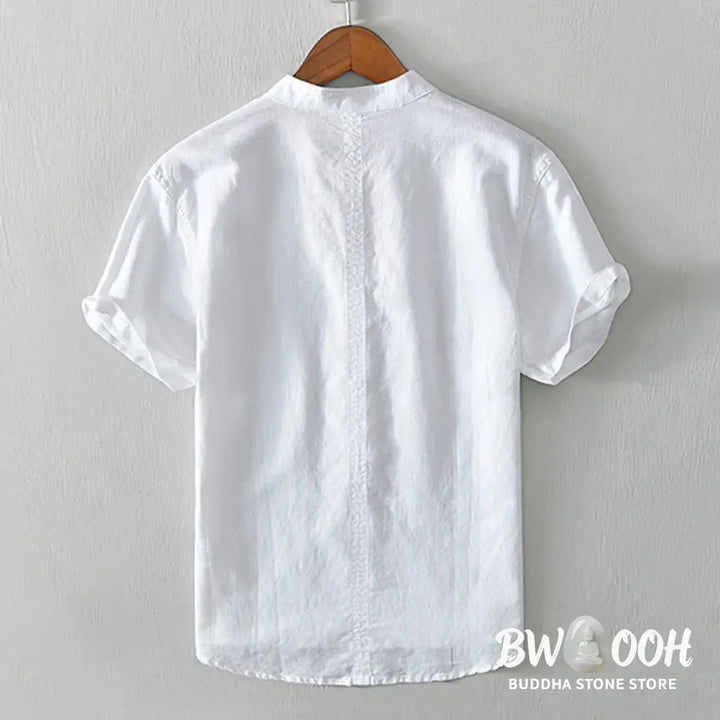 Buddha Stones Causal Simple Design Short Sleeve Cotton Linen Half Button Men’s Shirt - Men’s Shirts