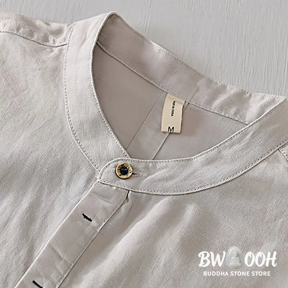 Buddha Stones Causal Simple Design Short Sleeve Cotton Linen Half Button Men’s Shirt - Men’s Shirts