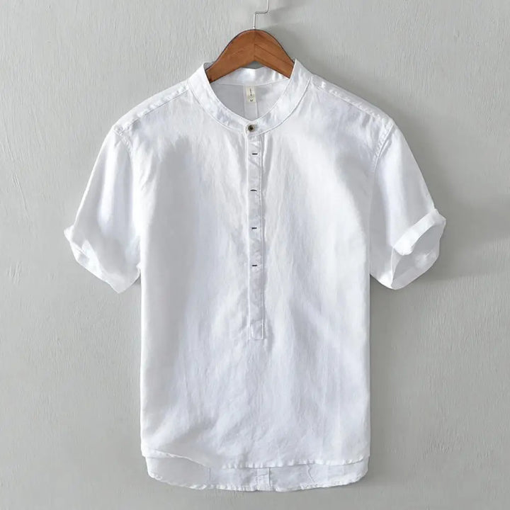 Buddha Stones Causal Simple Design Short Sleeve Cotton Linen Half Button Men’s Shirt - White / US/UK/AU34，EU44 (L)