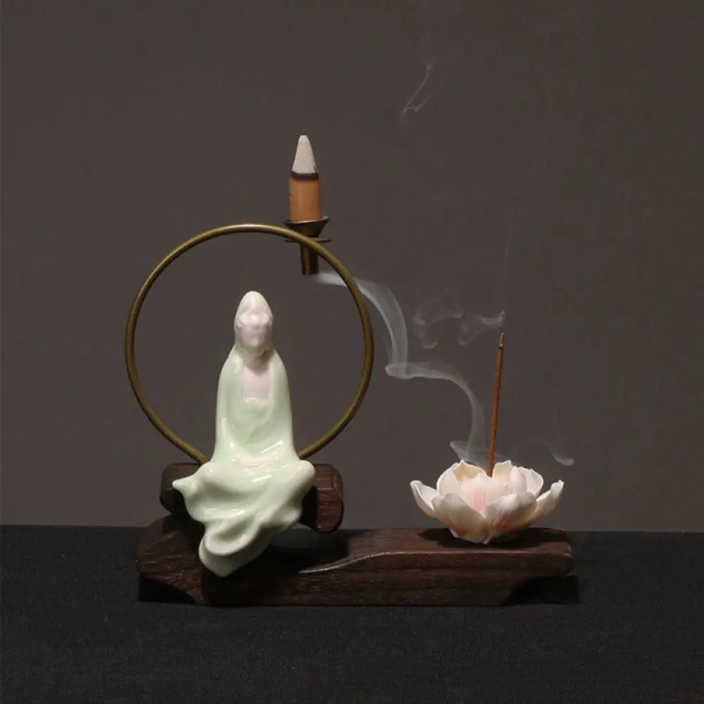 BWOOOH Ceramic Lotus Healing Meditation Incense Burner Decoration - Cyan Avalokitesvara - Decorations Incense
