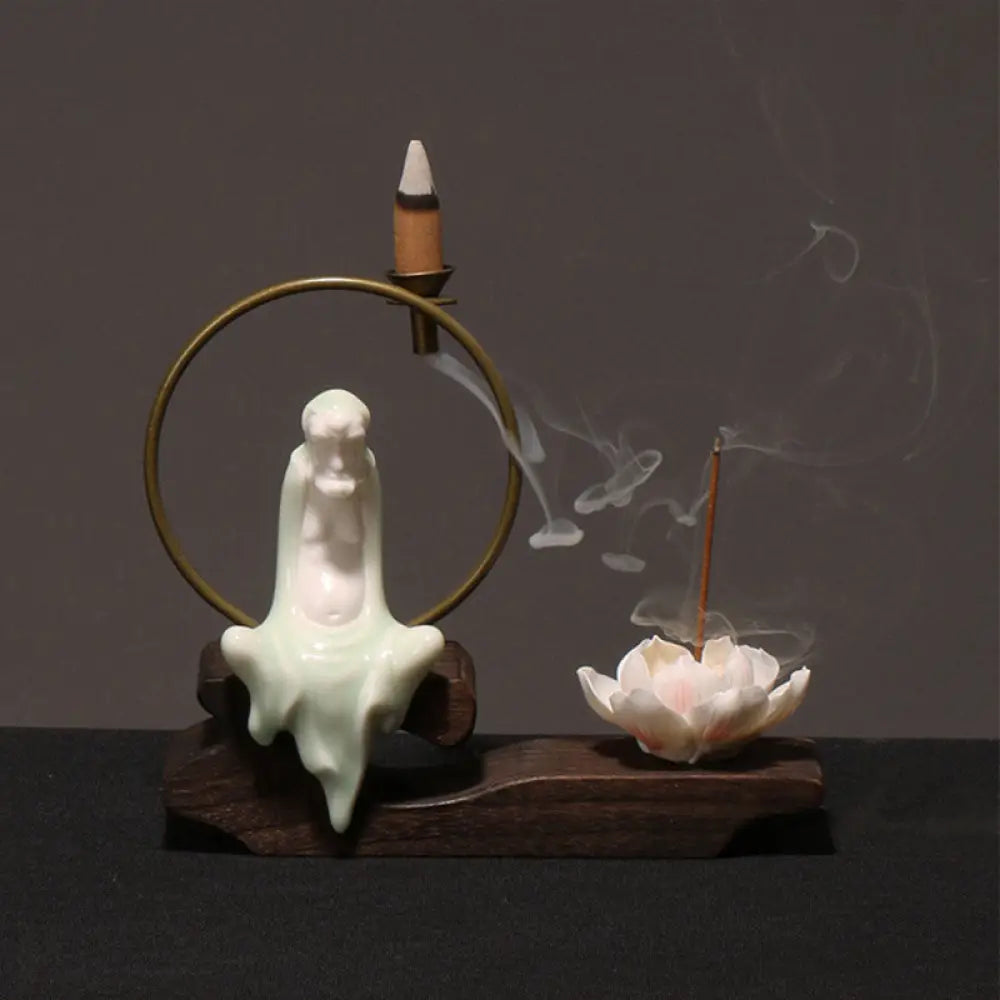 BWOOOH Ceramic Lotus Healing Meditation Incense Burner Decoration - Cyan Buddha - Decorations Incense Burner