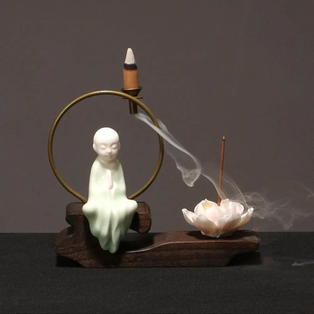 BWOOOH Ceramic Lotus Healing Meditation Incense Burner Decoration - Cyan Little Monk - Decorations Incense Burner