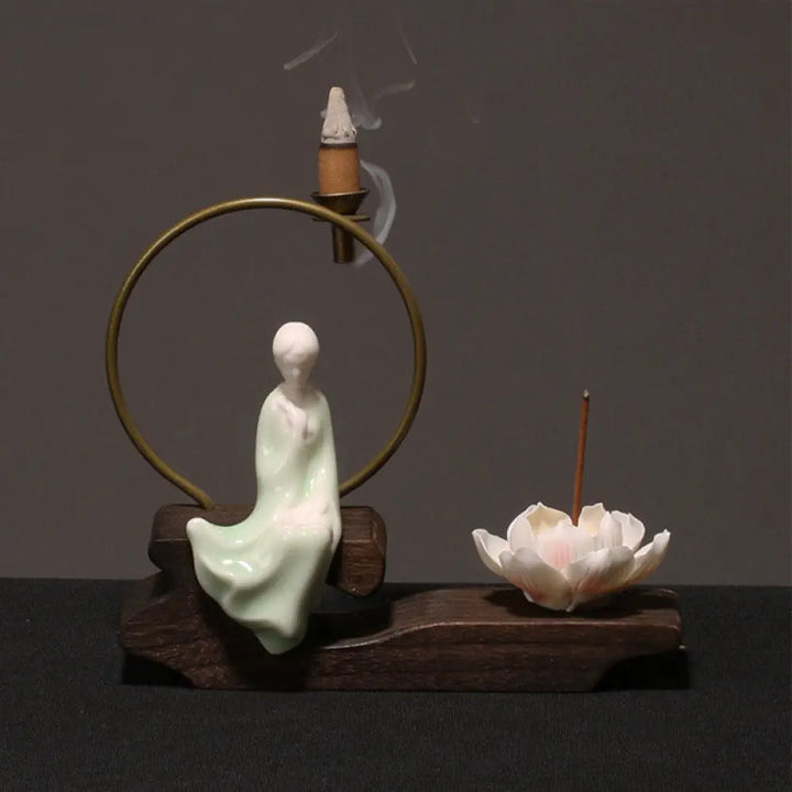 BWOOOH Ceramic Lotus Healing Meditation Incense Burner Decoration - Cyan Painting - Decorations Incense Burner