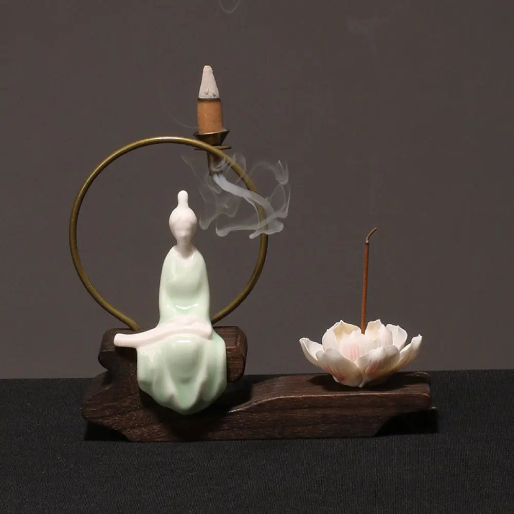 BWOOOH Ceramic Lotus Healing Meditation Incense Burner Decoration - Cyan Zither - Decorations Incense Burner