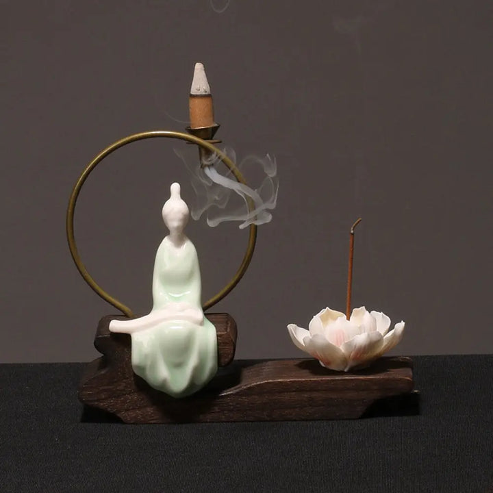 BWOOOH Ceramic Lotus Healing Meditation Incense Burner Decoration - Cyan Zither - Decorations Incense Burner