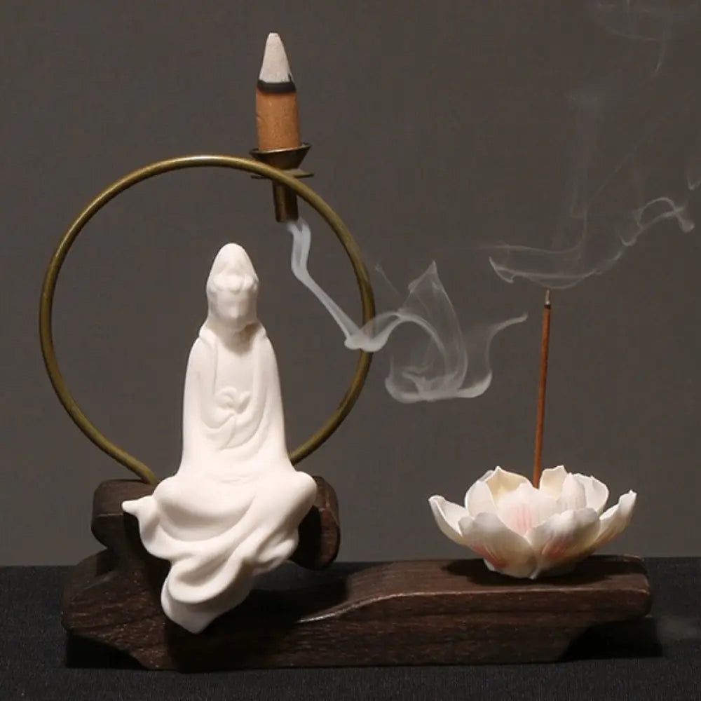 BWOOOH Ceramic Lotus Healing Meditation Incense Burner Decoration - White Avalokitesvara - Decorations Incense