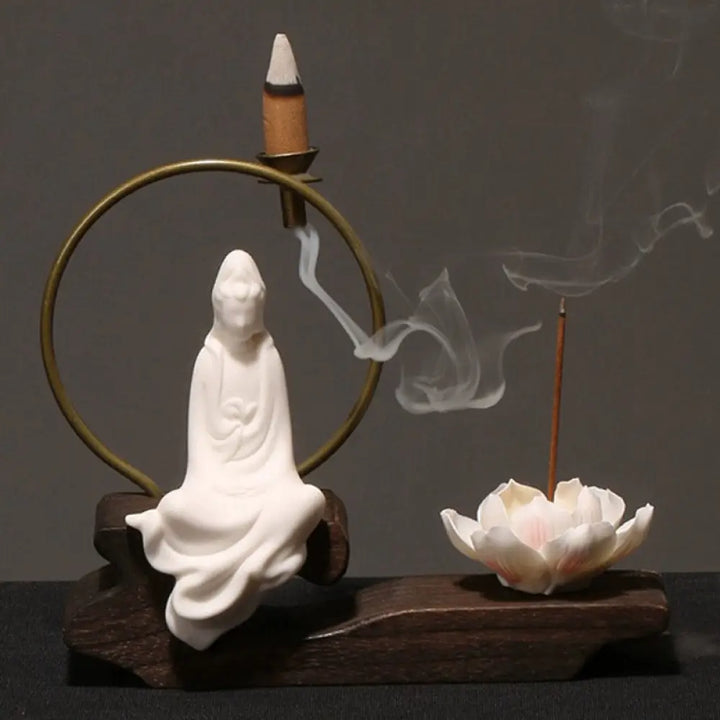 BWOOOH Ceramic Lotus Healing Meditation Incense Burner Decoration - White Avalokitesvara - Decorations Incense