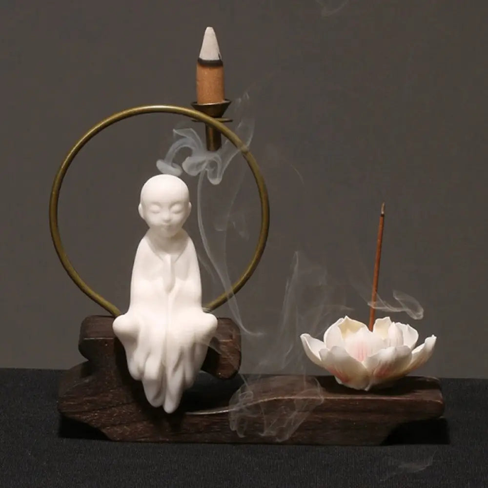 BWOOOH Ceramic Lotus Healing Meditation Incense Burner Decoration - White Little Monk - Decorations Incense