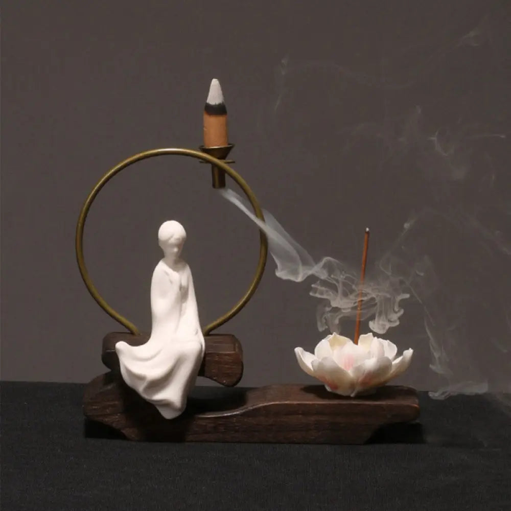 BWOOOH Ceramic Lotus Healing Meditation Incense Burner Decoration - White Painting - Decorations Incense Burner