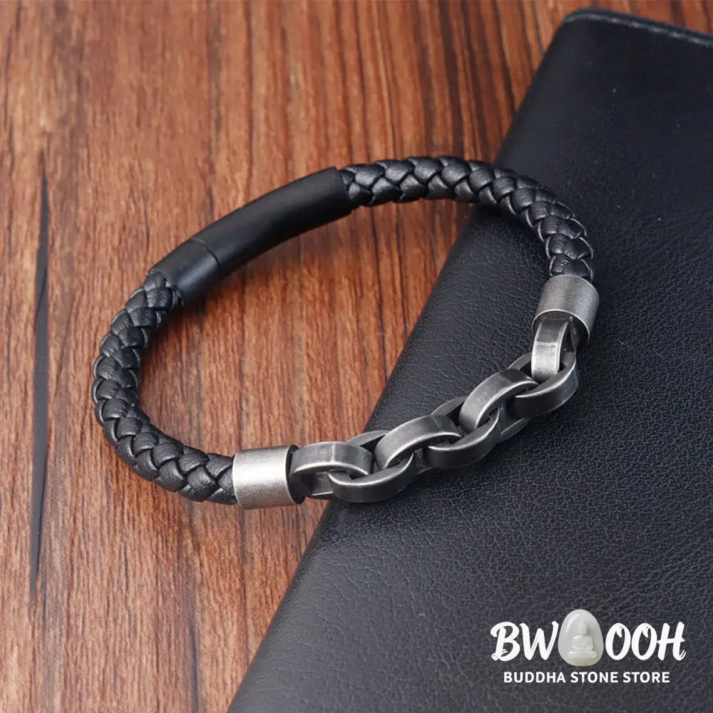 Buddha Stones Chain Design Titanium Steel Balance Leather Braided Buckle Bracelet - BWOOOH - Bracelet