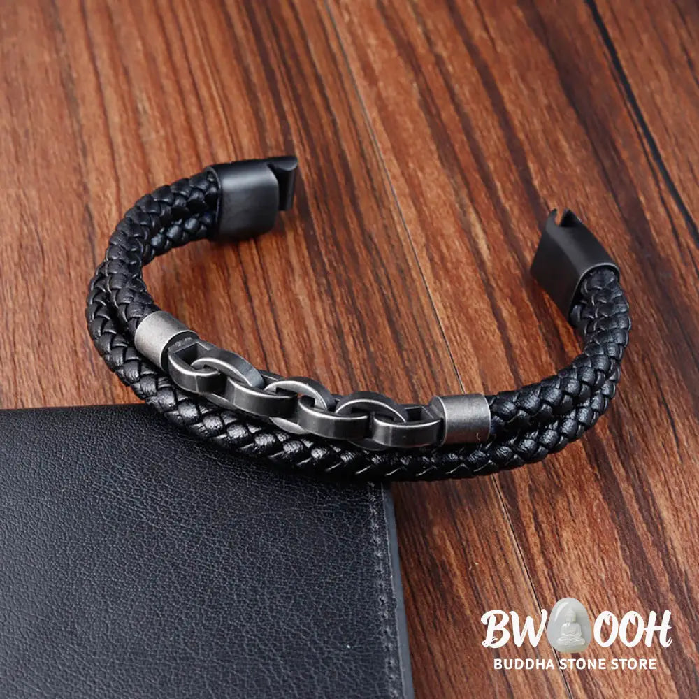 Buddha Stones Chain Design Titanium Steel Balance Leather Braided Buckle Bracelet - BWOOOH - Bracelet