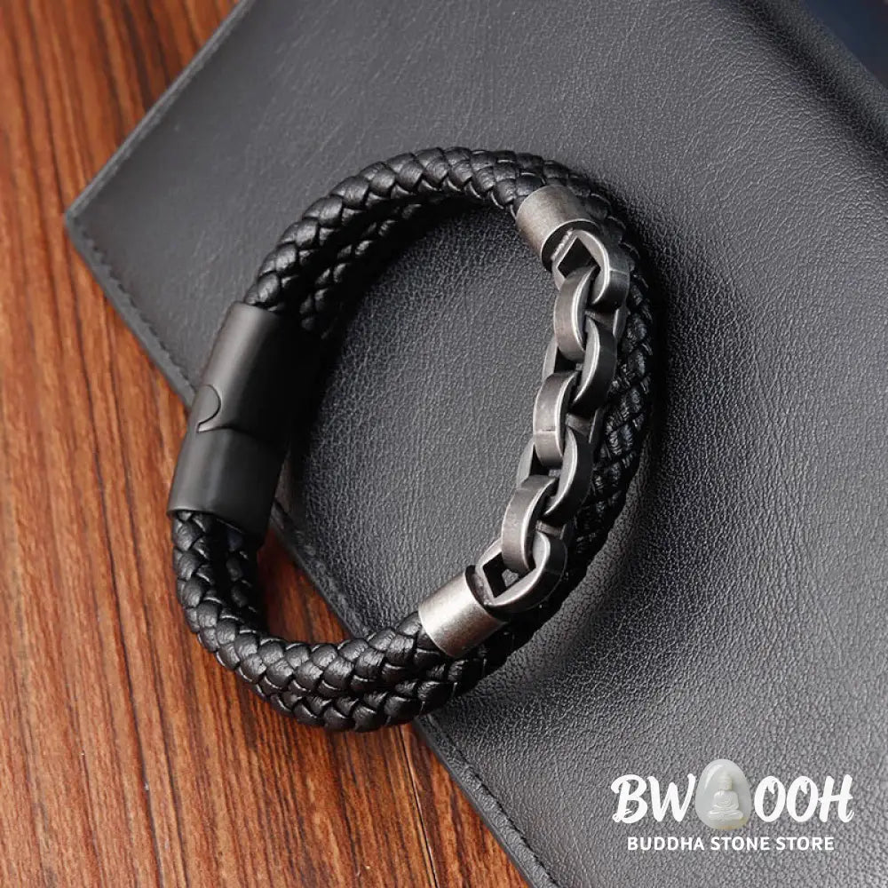 Buddha Stones Chain Design Titanium Steel Balance Leather Braided Buckle Bracelet - BWOOOH - Bracelet