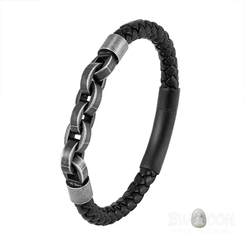 Buddha Stones Chain Design Titanium Steel Balance Leather Braided Buckle Bracelet - BWOOOH - Bracelet