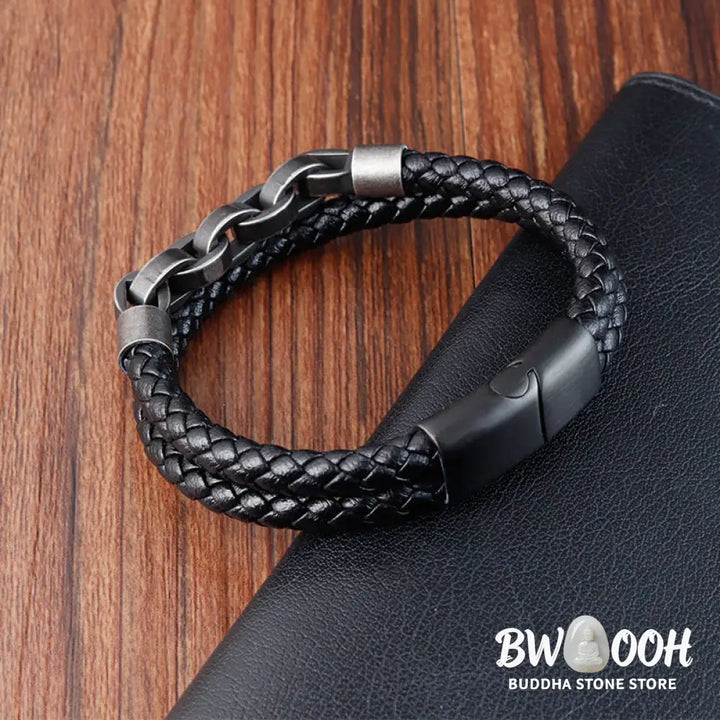Buddha Stones Chain Design Titanium Steel Balance Leather Braided Buckle Bracelet - BWOOOH - Bracelet