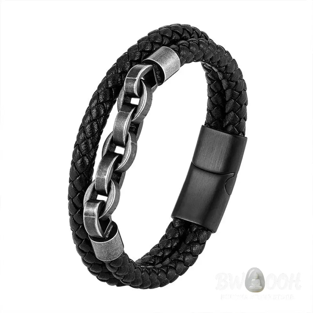 Buddha Stones Chain Design Titanium Steel Balance Leather Braided Buckle Bracelet - BWOOOH - Bracelet
