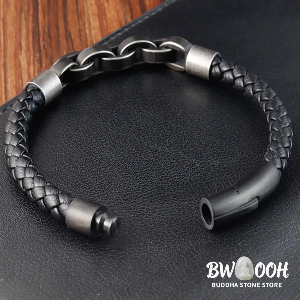 Buddha Stones Chain Design Titanium Steel Balance Leather Braided Buckle Bracelet - BWOOOH - Bracelet