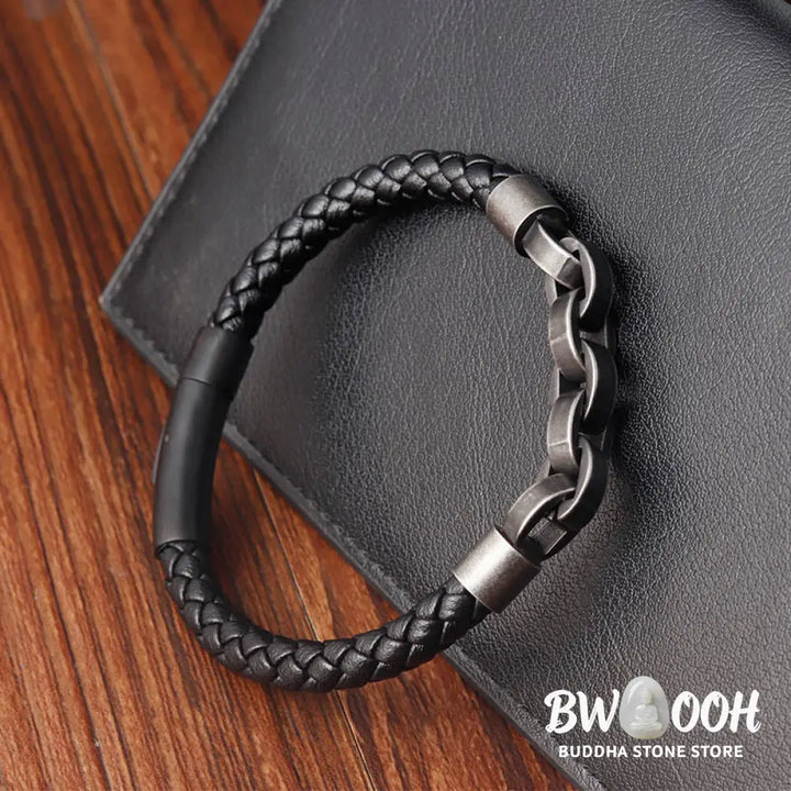 Buddha Stones Chain Design Titanium Steel Balance Leather Braided Buckle Bracelet - BWOOOH - Bracelet