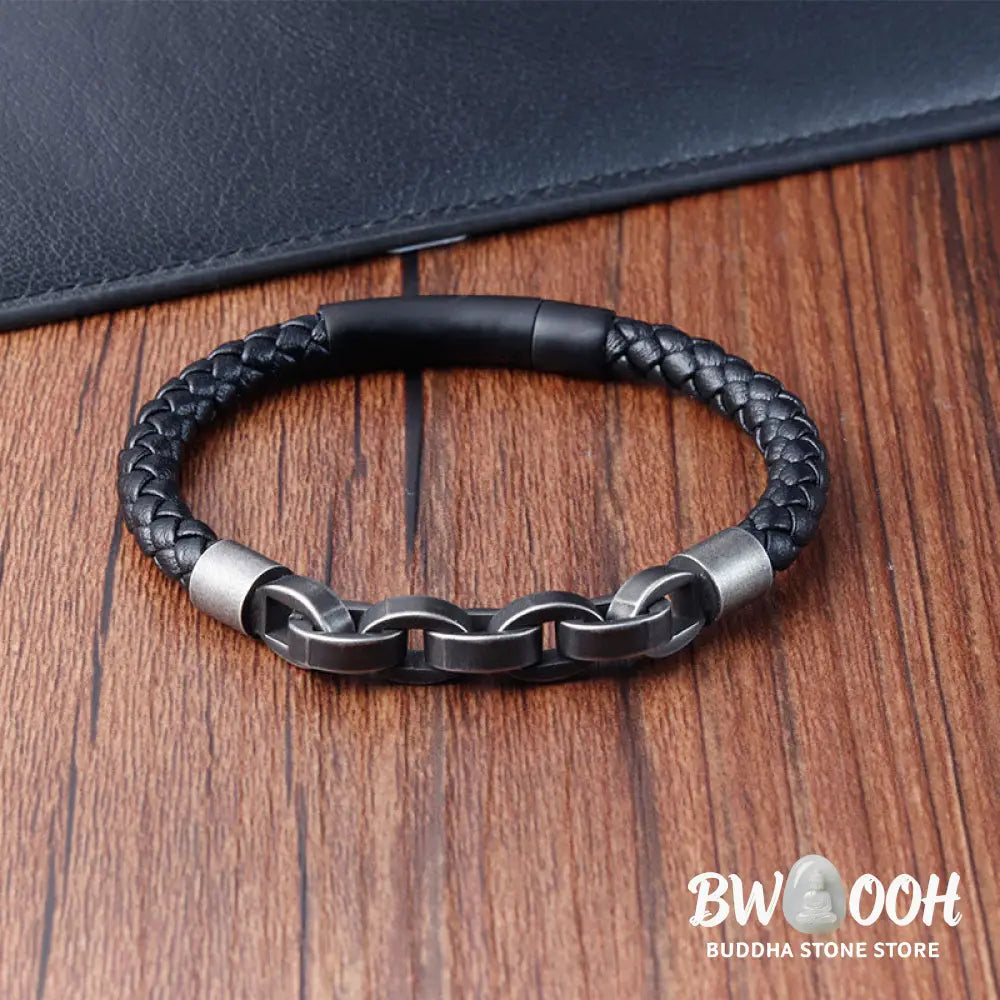 Buddha Stones Chain Design Titanium Steel Balance Leather Braided Buckle Bracelet - BWOOOH - Bracelet