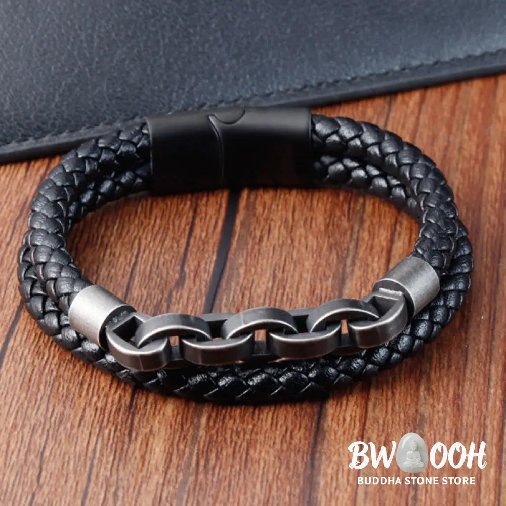 Buddha Stones Chain Design Titanium Steel Balance Leather Braided Buckle Bracelet - BWOOOH - Bracelet