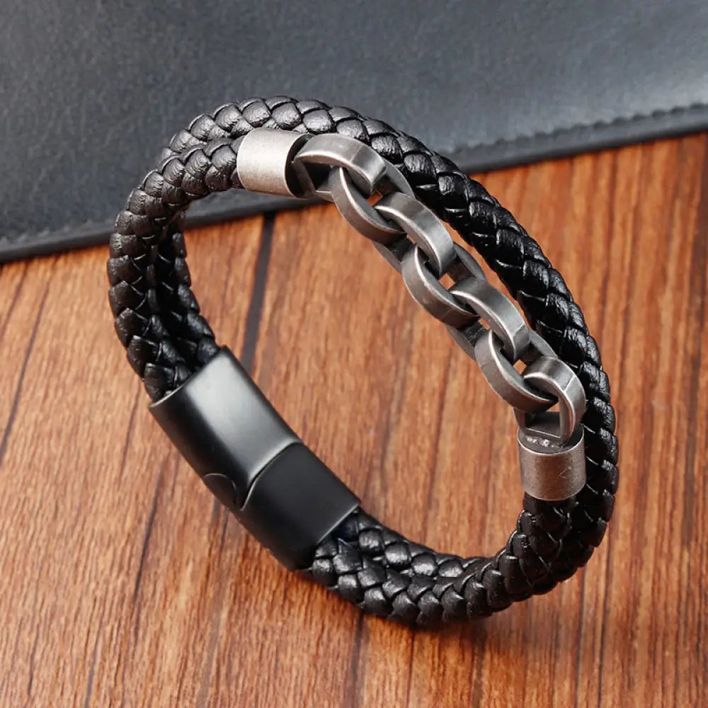 BWOOOH Chain Design Titanium Steel Balance Leather Braided Buckle Bracelet - BWOOOH - Double Layer(Wrist
